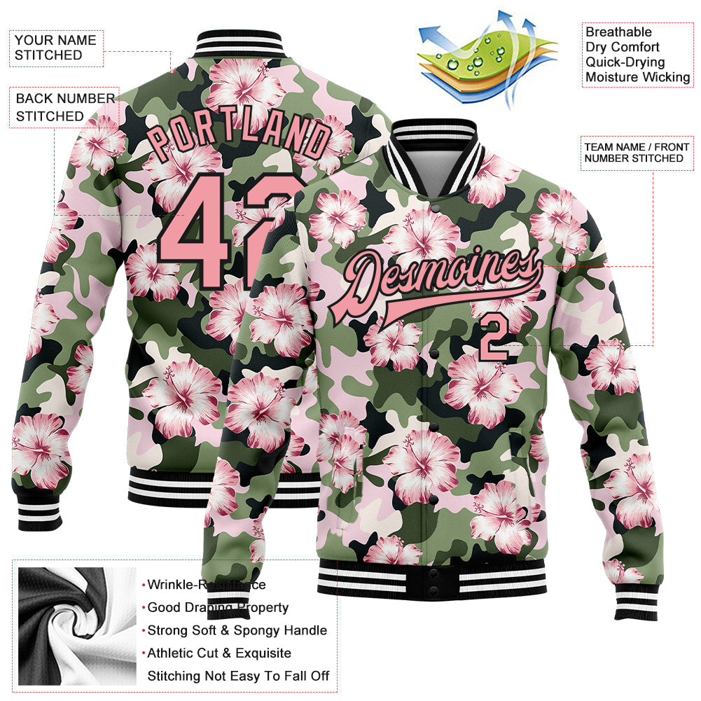 Custom Camo Pink-Black Hibiscus Flower 3D Pattern Design Bomber Full-Snap Varsity Letterman Salute To Service Jacket view 5