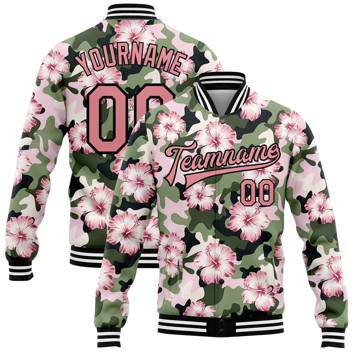 Custom Camo Pink-Black Hibiscus Flower 3D Pattern Design Bomber Full-Snap Varsity Letterman Salute To Service Jacket - Main View