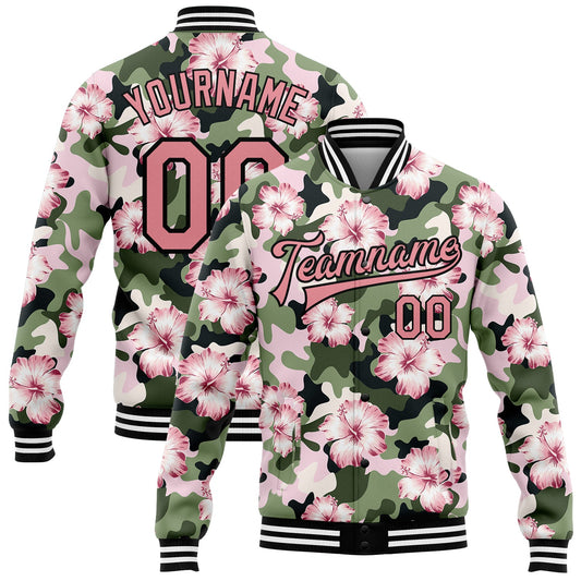 Custom Camo Pink-Black Hibiscus Flower 3D Pattern Design Bomber Full-Snap Varsity Letterman Salute To Service Jacket - Main View
