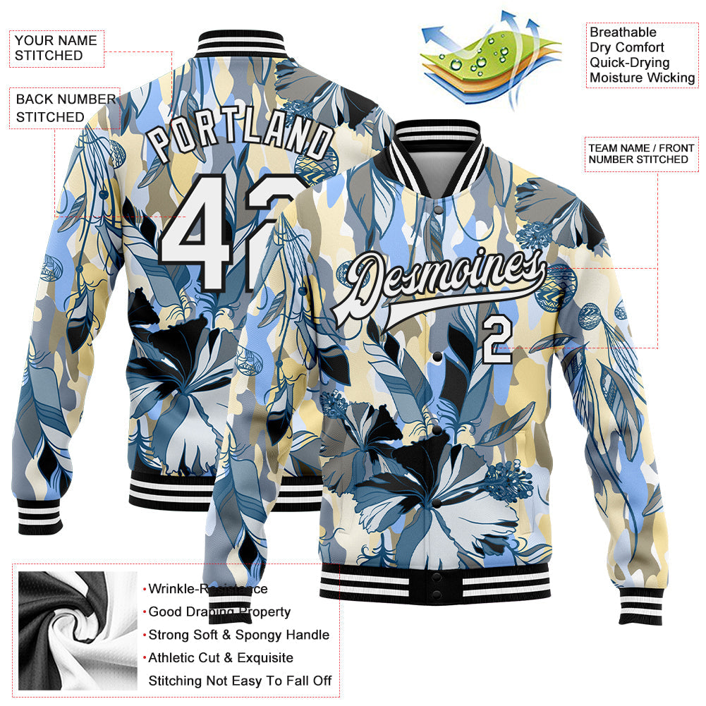 Custom Camo White-Black Boho Style 3D Pattern Design Bomber Full-Snap Varsity Letterman Salute To Service Jacket view 5