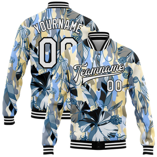 Custom Camo White-Black Boho Style 3D Pattern Design Bomber Full-Snap Varsity Letterman Salute To Service Jacket - Main View