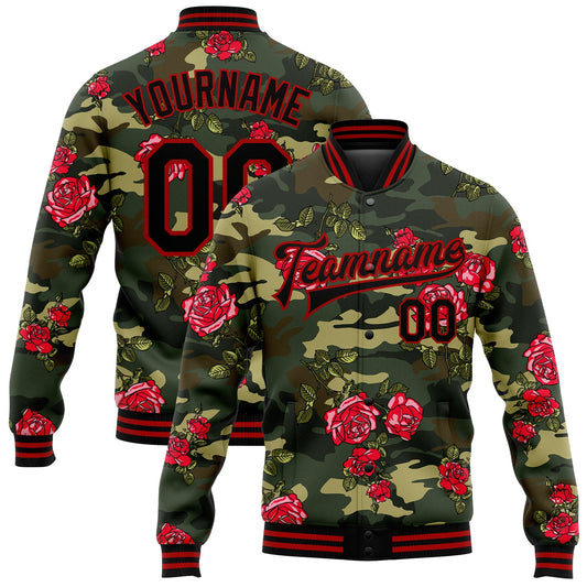 Custom Camo Black-Red Rose 3D Pattern Design Bomber Full-Snap Varsity Letterman Salute To Service Jacket - Main View