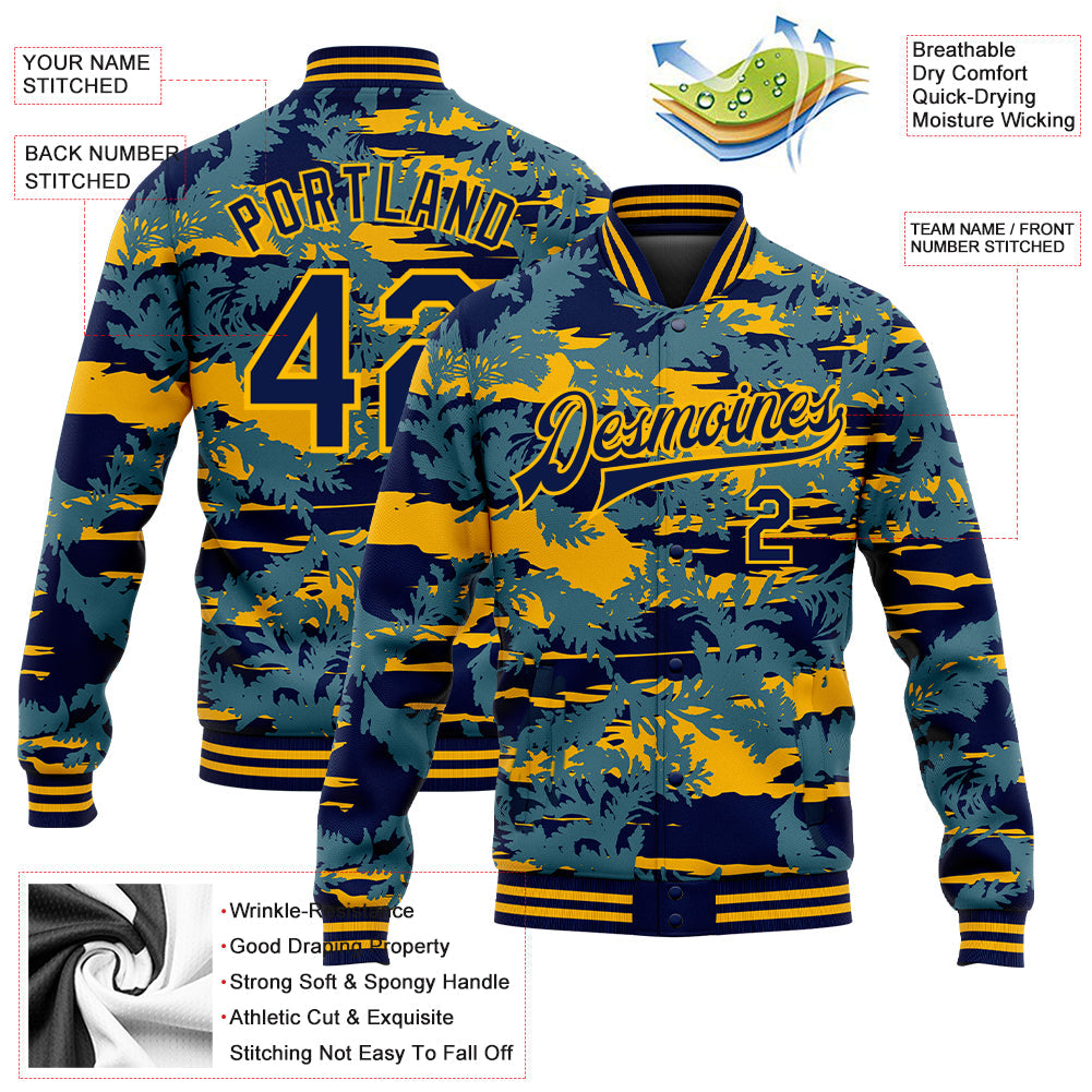 Custom Navy Gold Thuja Branch 3D Pattern Design Bomber Full-Snap Varsity Letterman Jacket view 5