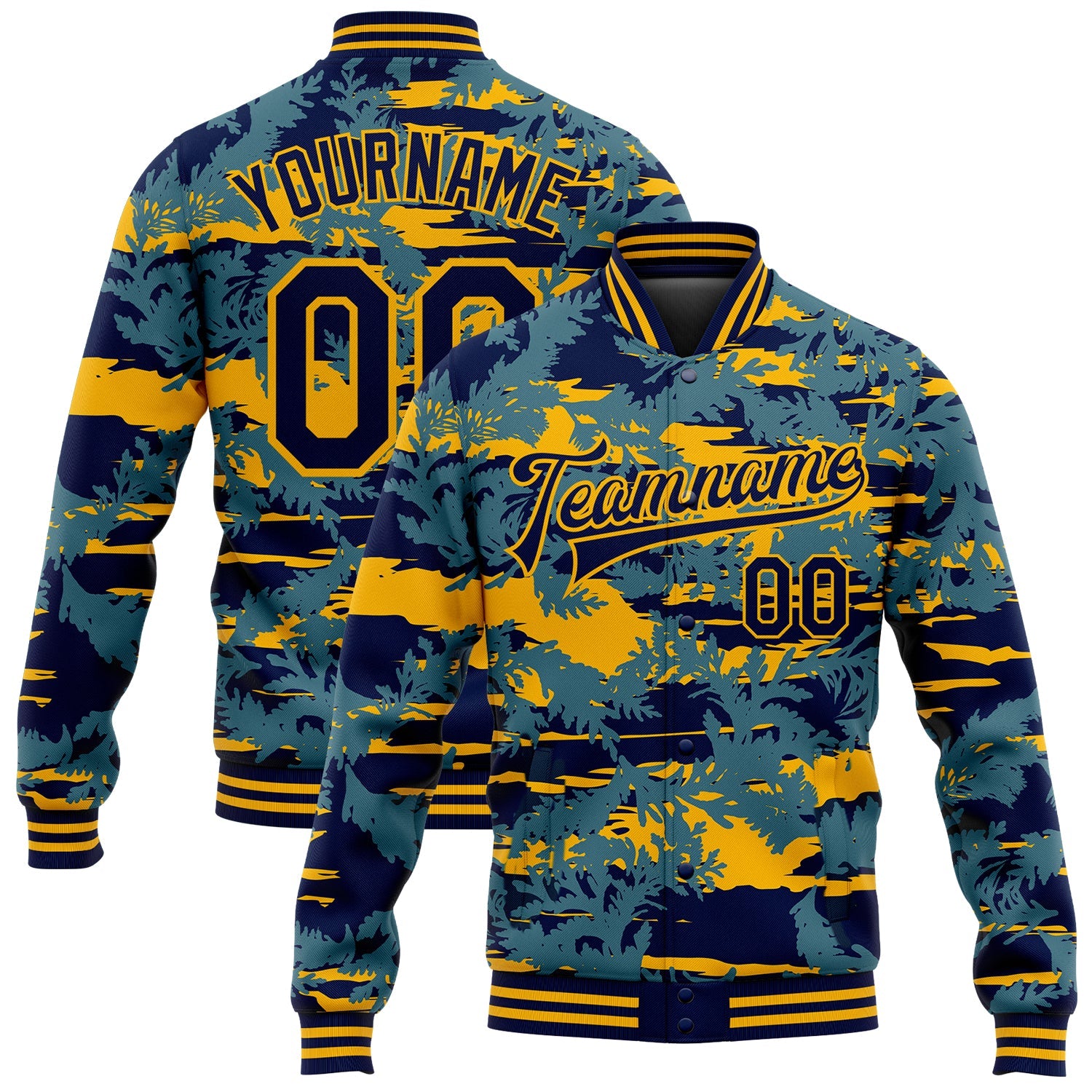 Custom Navy Gold Thuja Branch 3D Pattern Design Bomber Full-Snap Varsity Letterman Jacket - Main View