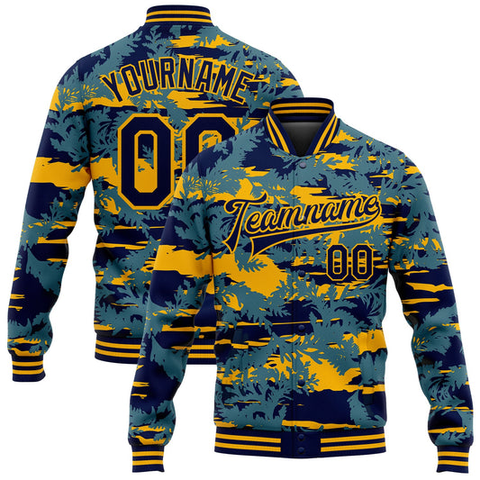 Custom Navy Gold Thuja Branch 3D Pattern Design Bomber Full-Snap Varsity Letterman Jacket - Main View