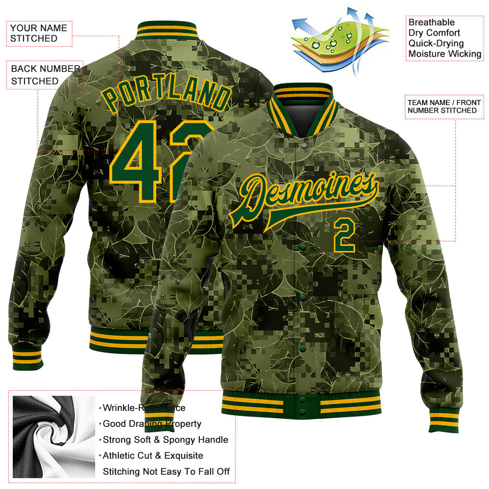 Custom Camo Green-Gold Leaves 3D Pattern Design Bomber Full-Snap Varsity Letterman Salute To Service Jacket view 5