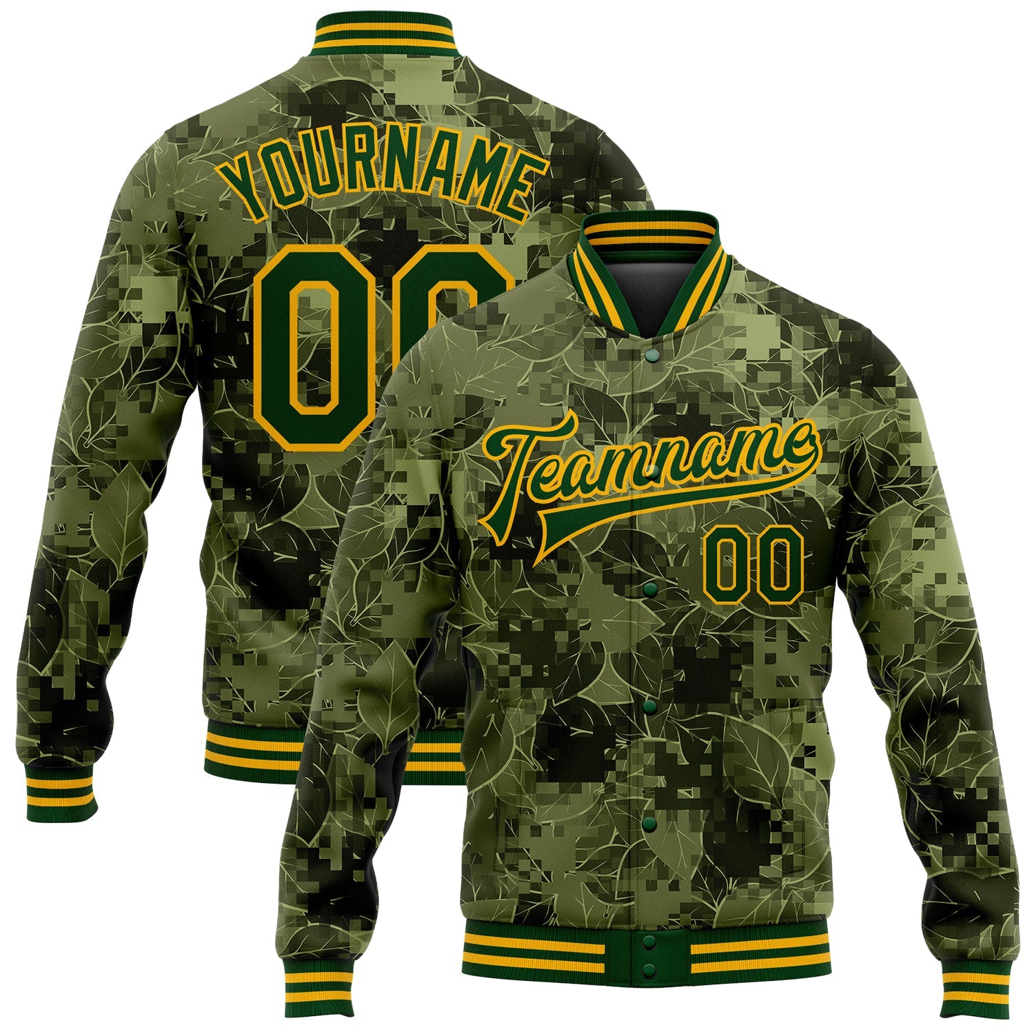 Custom Camo Green-Gold Leaves 3D Pattern Design Bomber Full-Snap Varsity Letterman Salute To Service Jacket - Main View