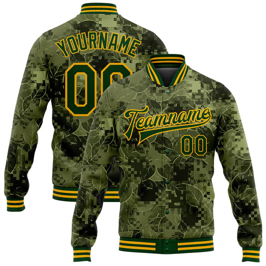 Custom Camo Green-Gold Leaves 3D Pattern Design Bomber Full-Snap Varsity Letterman Salute To Service Jacket - Main View