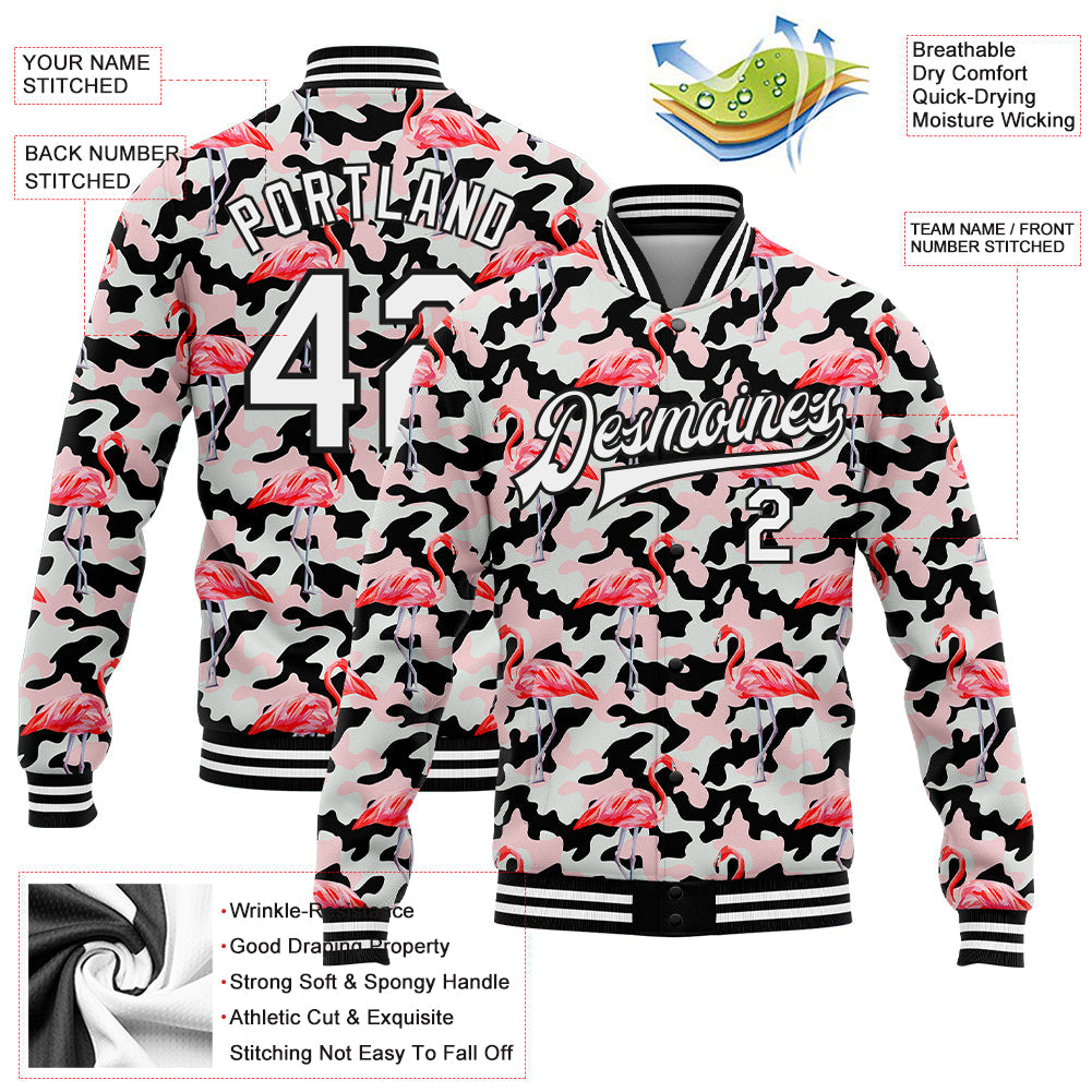 Custom Camo White-Black Flamingo 3D Pattern Design Bomber Full-Snap Varsity Letterman Salute To Service Jacket view 5