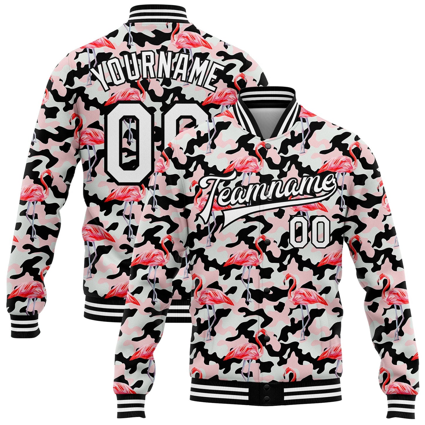 Custom Camo White-Black Flamingo 3D Pattern Design Bomber Full-Snap Varsity Letterman Salute To Service Jacket - Main View