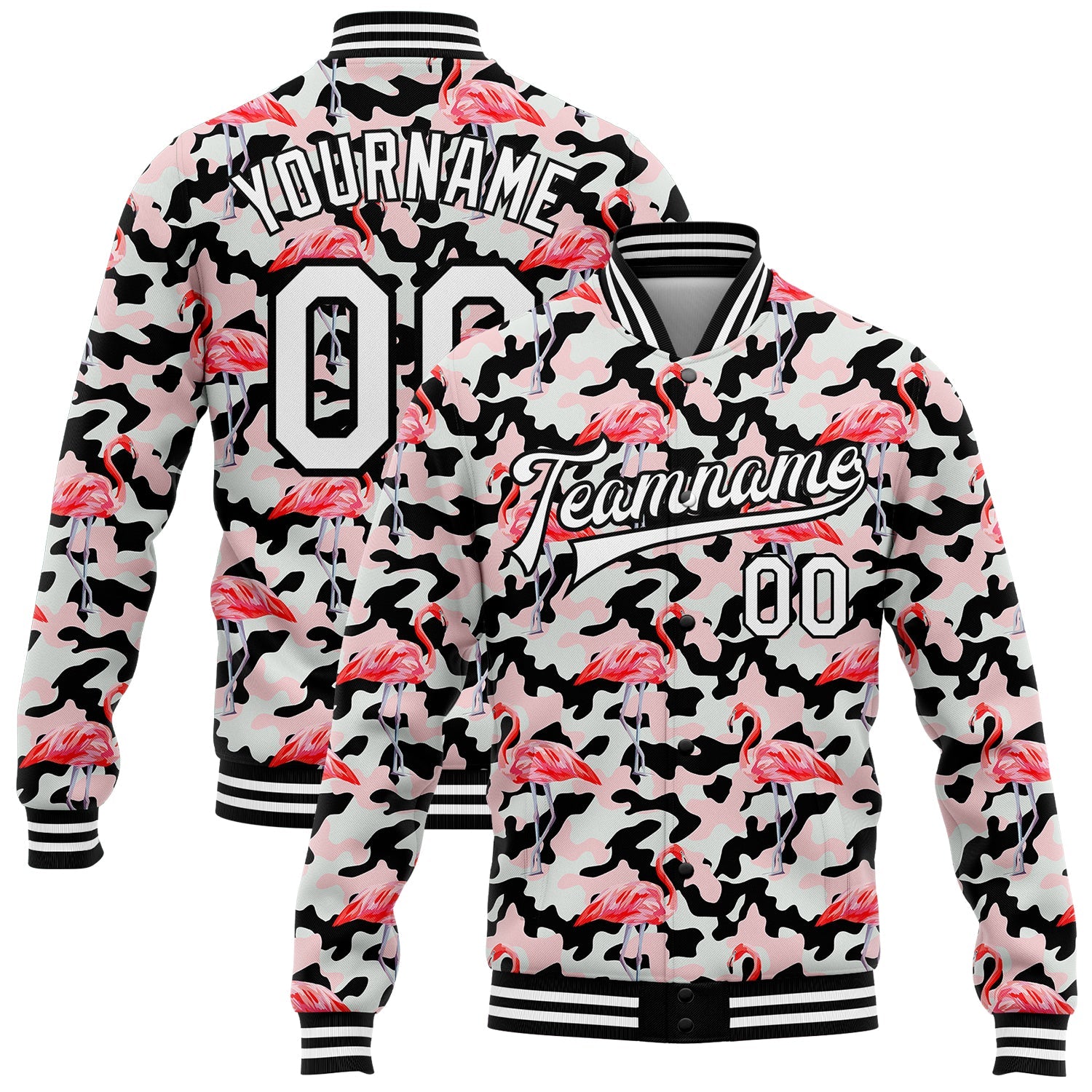 Custom Camo White-Black Flamingo 3D Pattern Design Bomber Full-Snap Varsity Letterman Salute To Service Jacket - Main View