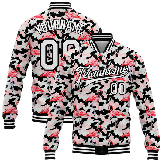 Custom Camo White-Black Flamingo 3D Pattern Design Bomber Full-Snap Varsity Letterman Salute To Service Jacket - Main View