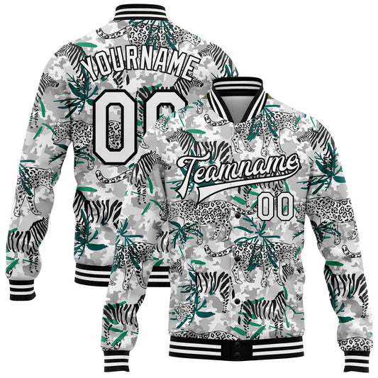 Custom Camo White-Black Tropical Jungle Animal 3D Pattern Design Bomber Full-Snap Varsity Letterman Salute To Service Jacket - Main View