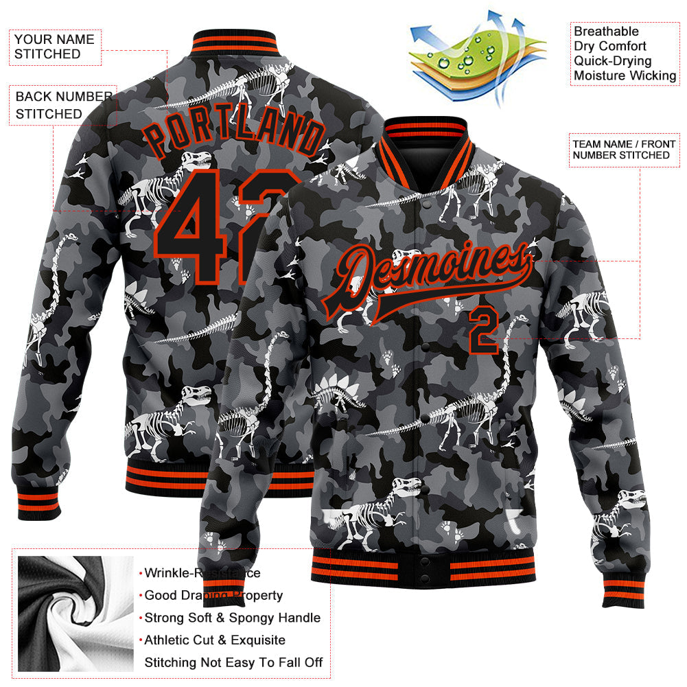 Custom Camo Black-Orange Dinosaur 3D Pattern Design Bomber Full-Snap Varsity Letterman Salute To Service Jacket view 5