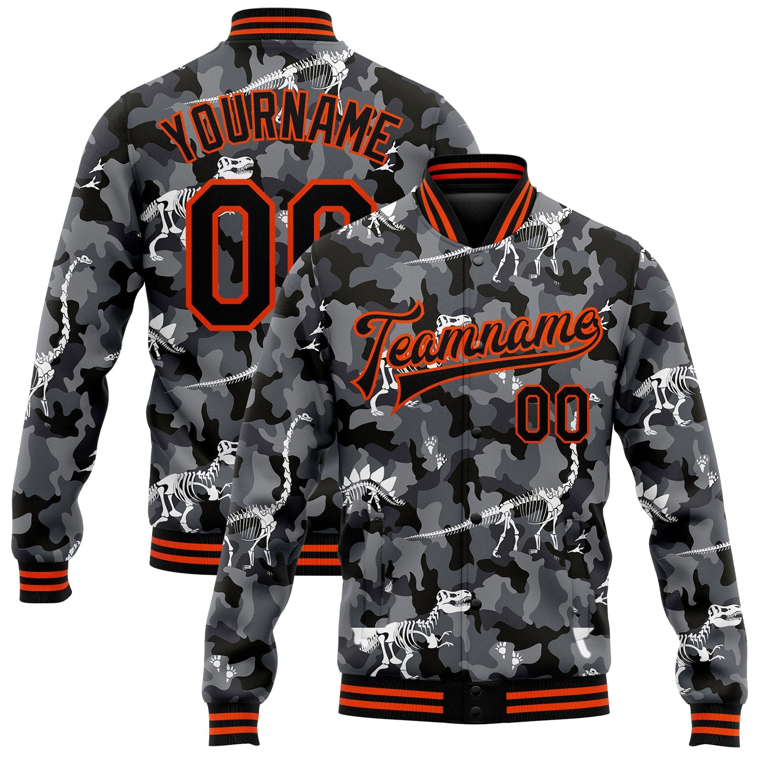 Custom Camo Black-Orange Dinosaur 3D Pattern Design Bomber Full-Snap Varsity Letterman Salute To Service Jacket - Main View