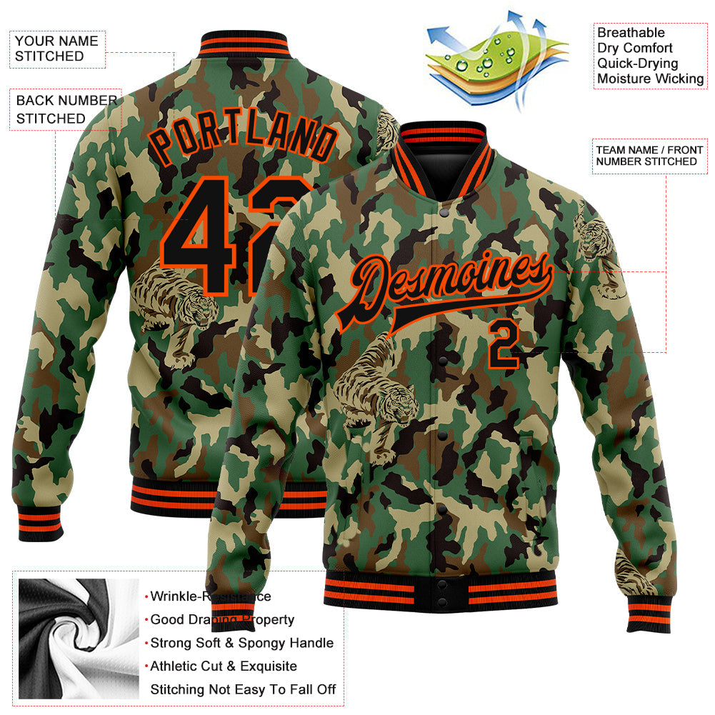 Custom Camo Black-Orange Tiger 3D Pattern Design Bomber Full-Snap Varsity Letterman Salute To Service Jacket view 5