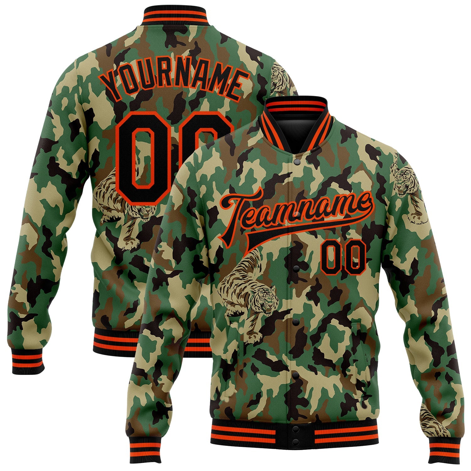 Custom Camo Black-Orange Tiger 3D Pattern Design Bomber Full-Snap Varsity Letterman Salute To Service Jacket - Main View