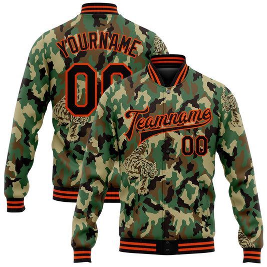 Custom Camo Black-Orange Tiger 3D Pattern Design Bomber Full-Snap Varsity Letterman Salute To Service Jacket - Main View