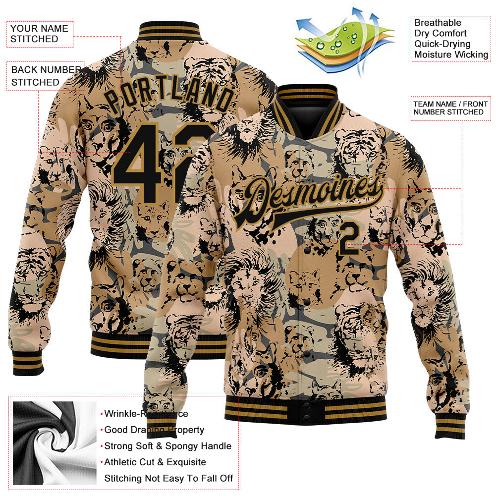 Custom Camo Black-Old Gold Lion And Tiger 3D Pattern Design Bomber Full-Snap Varsity Letterman Salute To Service Jacket view 5