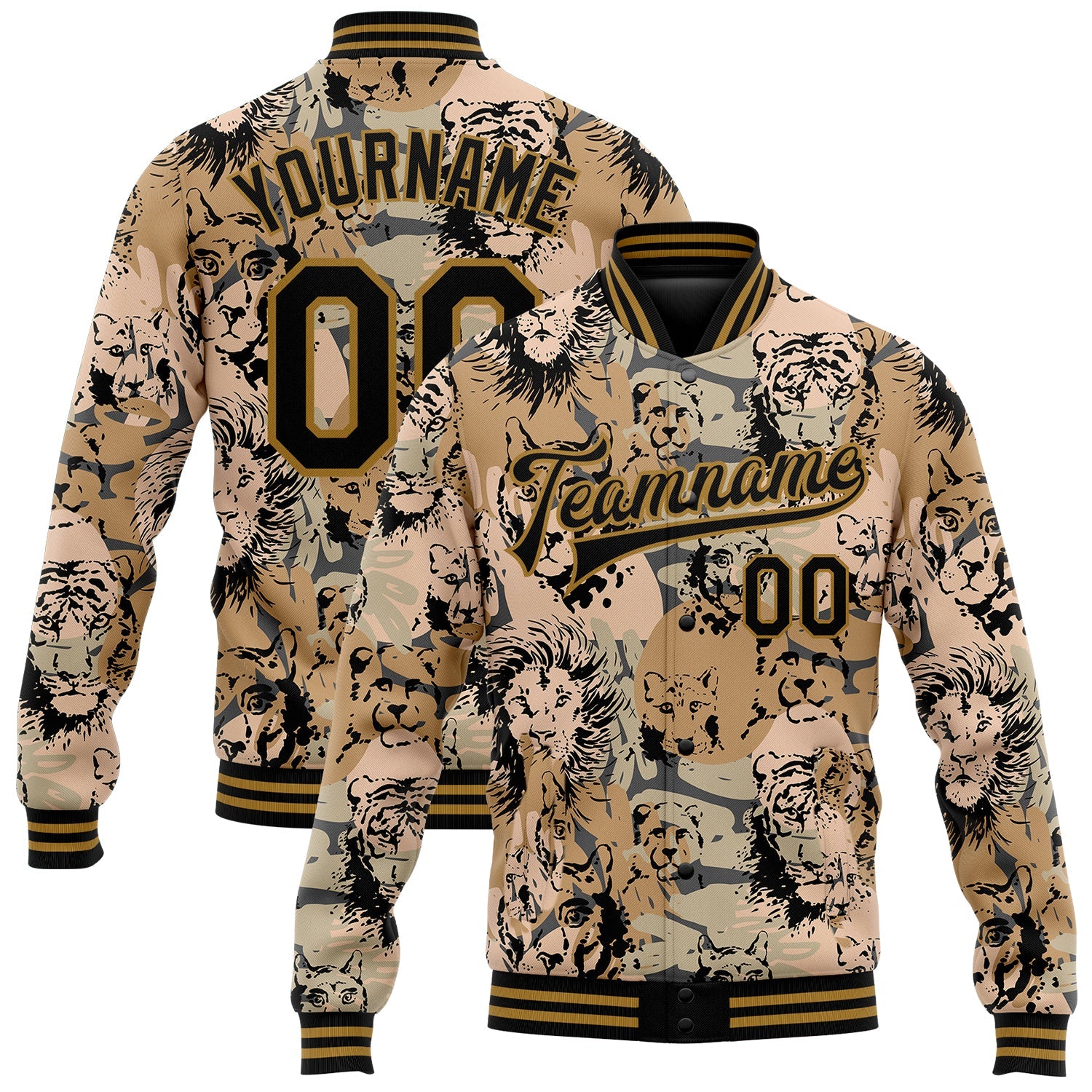 Custom Camo Black-Old Gold Lion And Tiger 3D Pattern Design Bomber Full-Snap Varsity Letterman Salute To Service Jacket - Main View