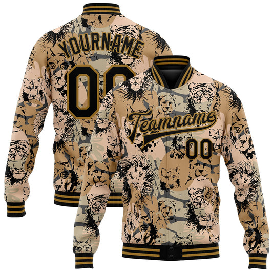 Custom Camo Black-Old Gold Lion And Tiger 3D Pattern Design Bomber Full-Snap Varsity Letterman Salute To Service Jacket - Main View
