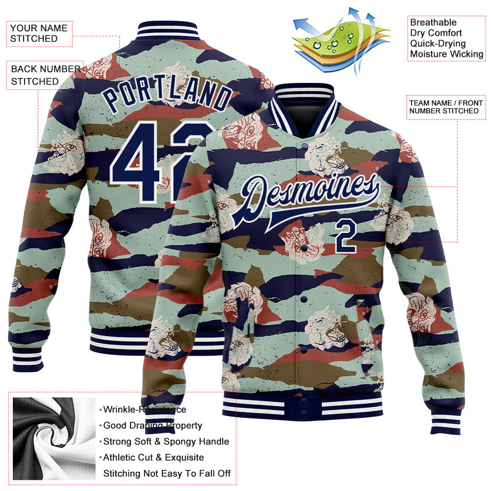 Custom Camo Navy-White Tiger 3D Pattern Design Bomber Full-Snap Varsity Letterman Salute To Service Jacket view 5