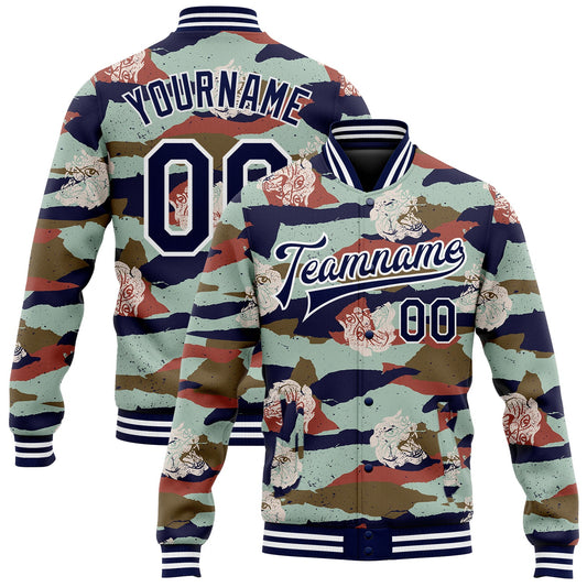 Custom Camo Navy-White Tiger 3D Pattern Design Bomber Full-Snap Varsity Letterman Salute To Service Jacket - Main View