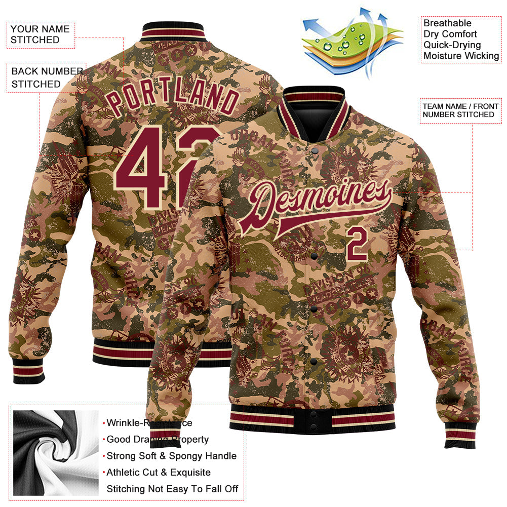 Custom Camo Crimson City Cream-Black Military Badge 3D Pattern Design Bomber Full-Snap Varsity Letterman Salute To Service Jacket view 5