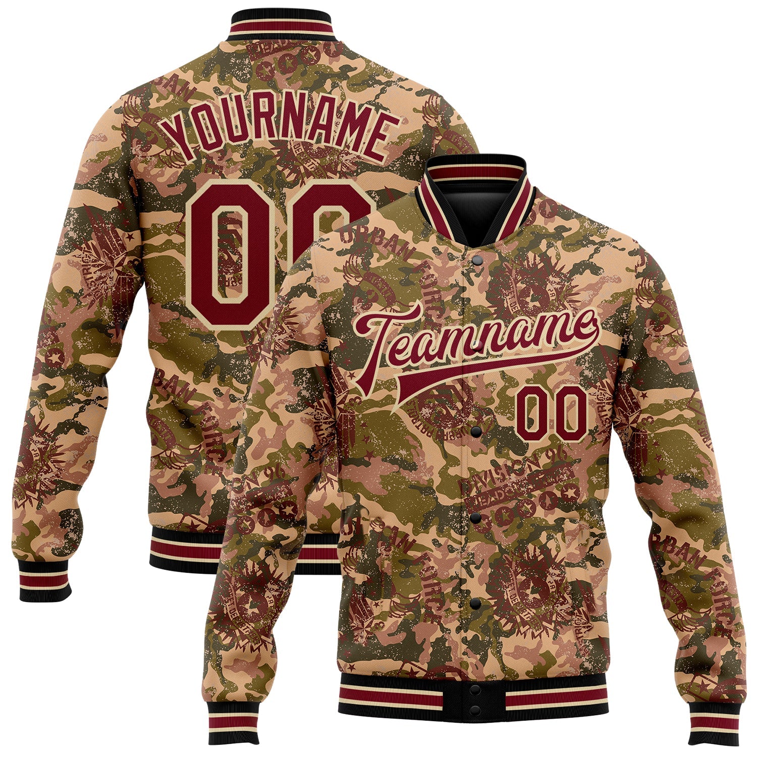 Custom Camo Crimson City Cream-Black Military Badge 3D Pattern Design Bomber Full-Snap Varsity Letterman Salute To Service Jacket - Main View