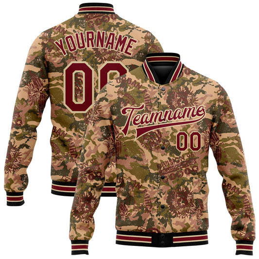 Custom Camo Crimson City Cream-Black Military Badge 3D Pattern Design Bomber Full-Snap Varsity Letterman Salute To Service Jacket - Main View