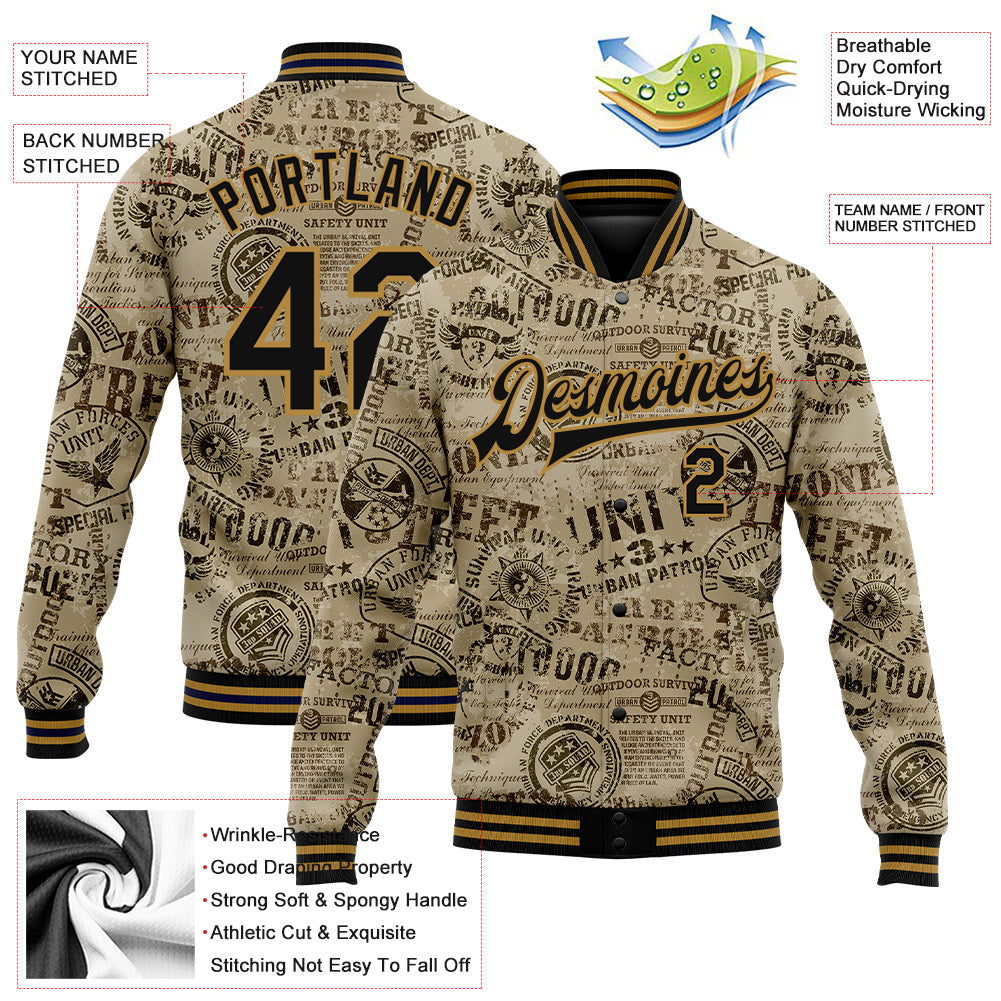Custom Olive Black-Old Gold Military Badge 3D Pattern Design Bomber Full-Snap Varsity Letterman Salute To Service Jacket view 5