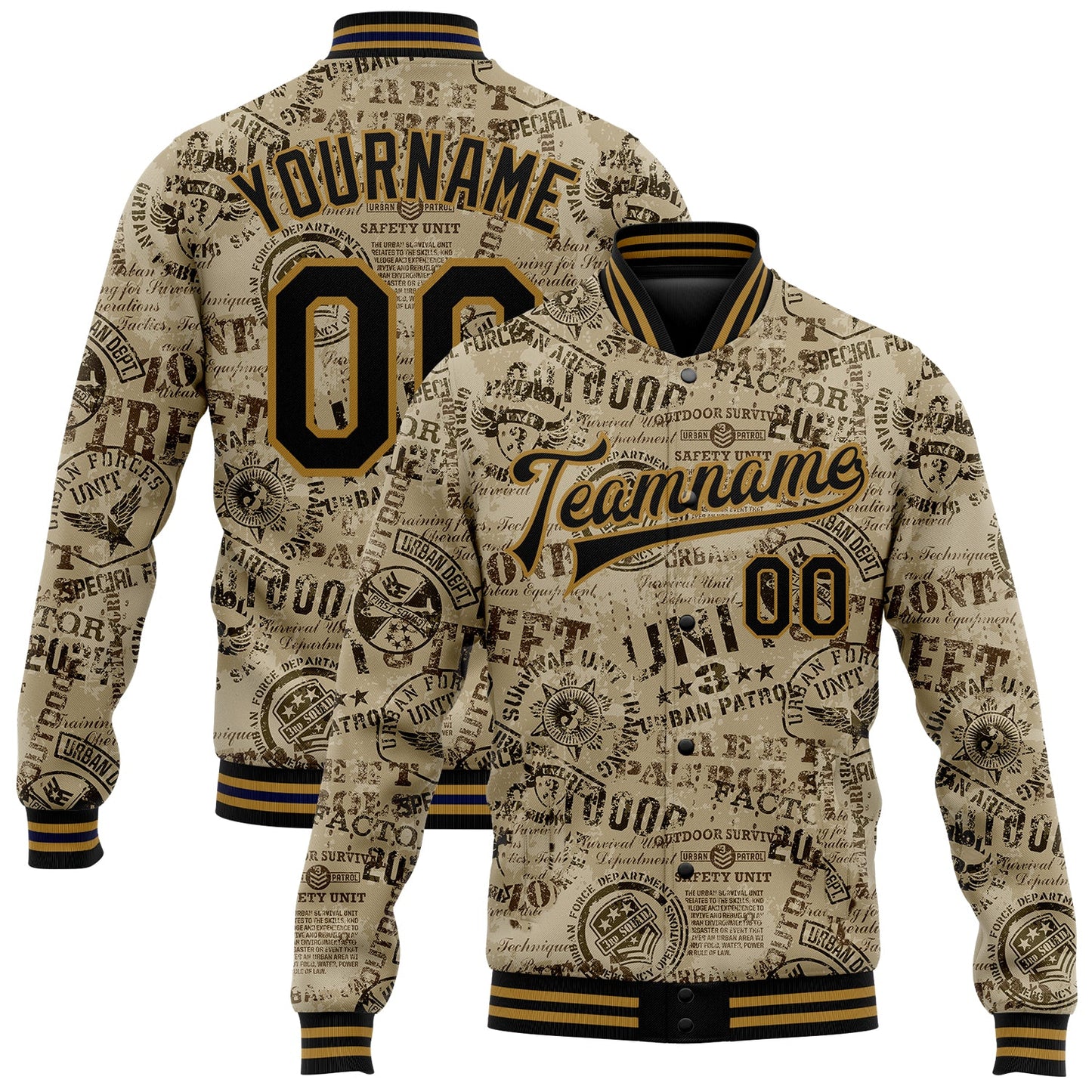 Custom Olive Black-Old Gold Military Badge 3D Pattern Design Bomber Full-Snap Varsity Letterman Salute To Service Jacket - Main View