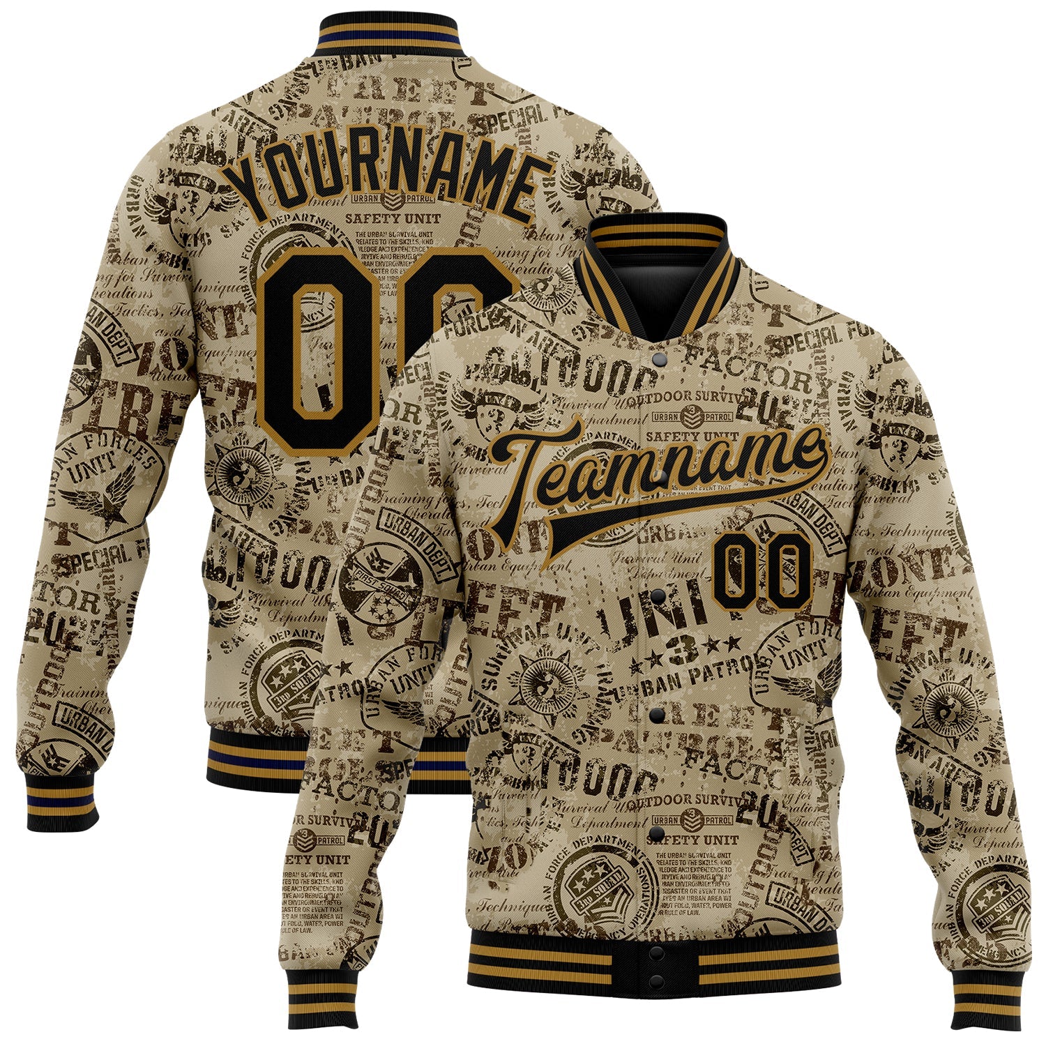 Custom Olive Black-Old Gold Military Badge 3D Pattern Design Bomber Full-Snap Varsity Letterman Salute To Service Jacket - Main View