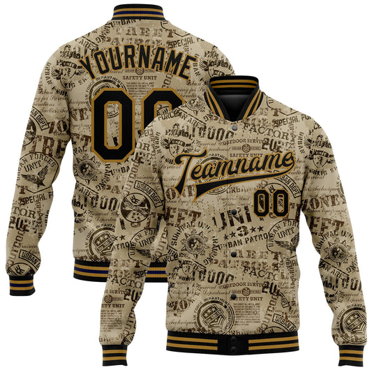 Custom Olive Black-Old Gold Military Badge 3D Pattern Design Bomber Full-Snap Varsity Letterman Salute To Service Jacket - Main View