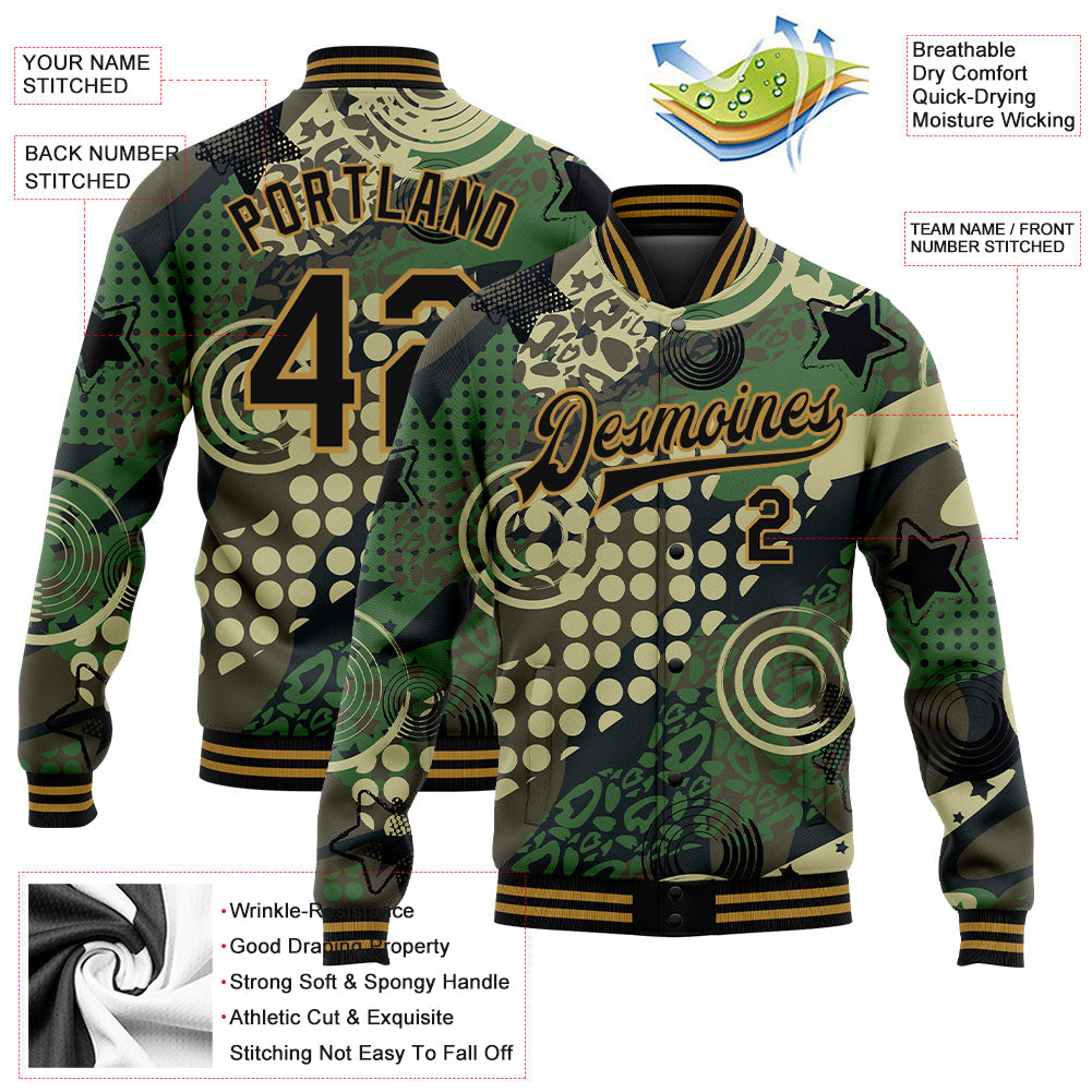 Custom Camo Black-Old Gold Dots And Geometric Figures 3D Pattern Design Bomber Full-Snap Varsity Letterman Salute To Service Jacket view 5