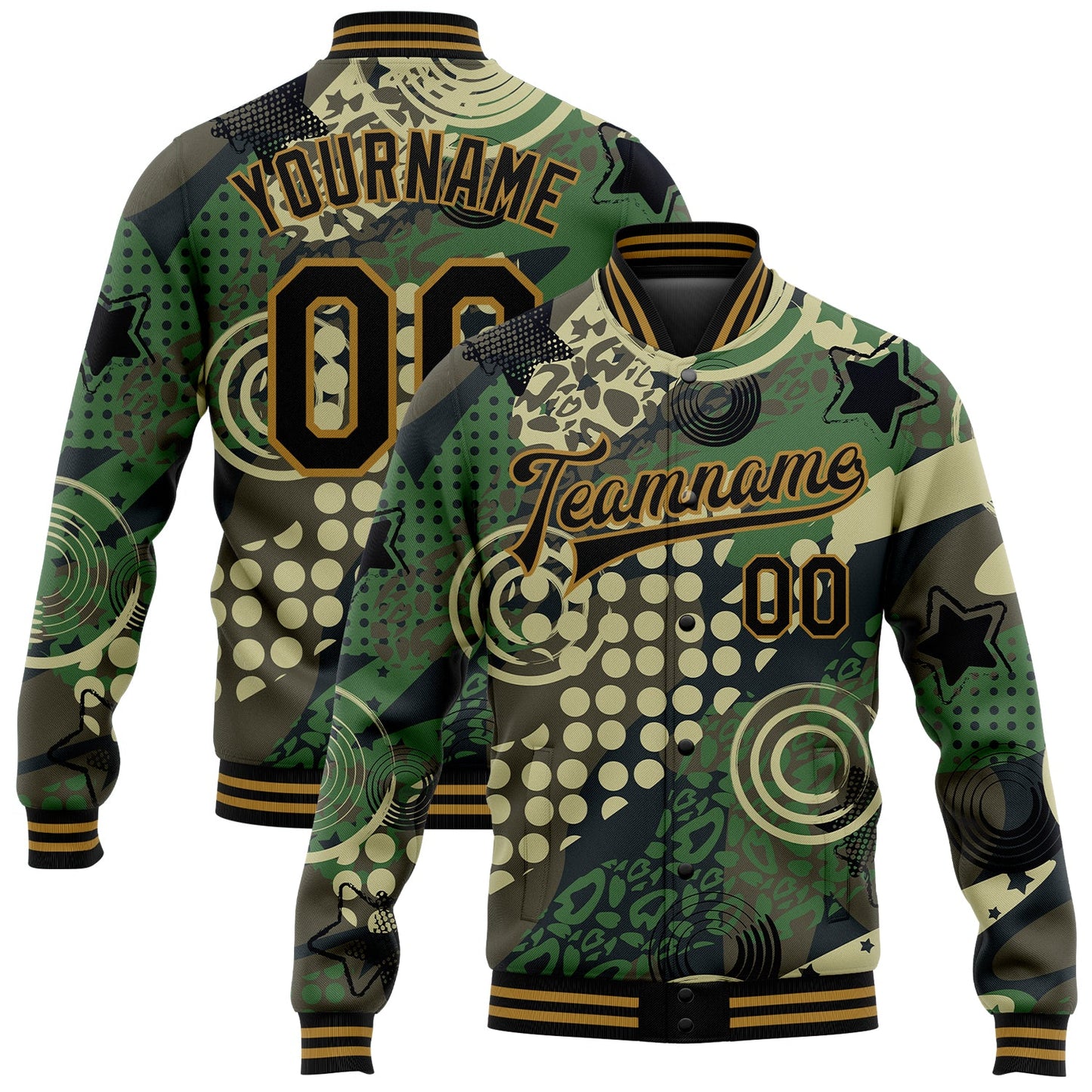 Custom Camo Black-Old Gold Dots And Geometric Figures 3D Pattern Design Bomber Full-Snap Varsity Letterman Salute To Service Jacket - Main View