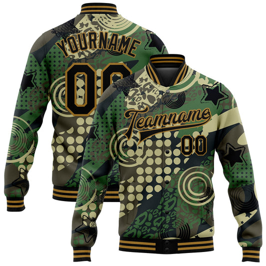 Custom Camo Black-Old Gold Dots And Geometric Figures 3D Pattern Design Bomber Full-Snap Varsity Letterman Salute To Service Jacket - Main View