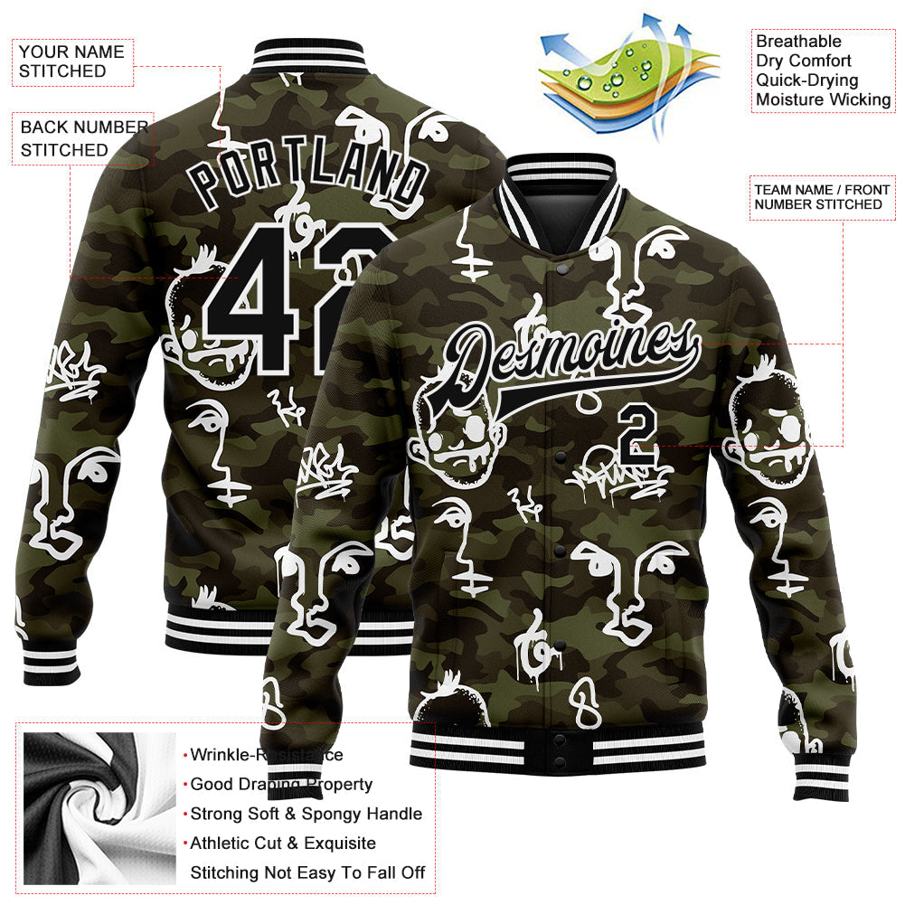Custom Camo Black-White Hand Painted Face 3D Pattern Design Bomber Full-Snap Varsity Letterman Salute To Service Jacket view 5