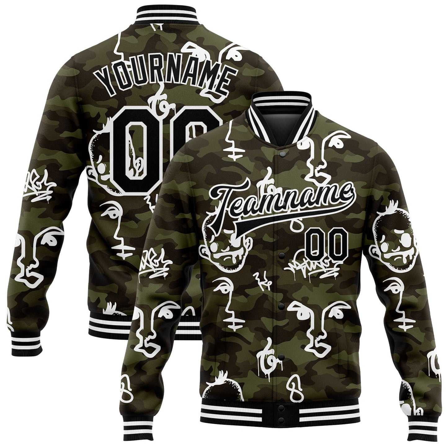 Custom Camo Black-White Hand Painted Face 3D Pattern Design Bomber Full-Snap Varsity Letterman Salute To Service Jacket - Main View
