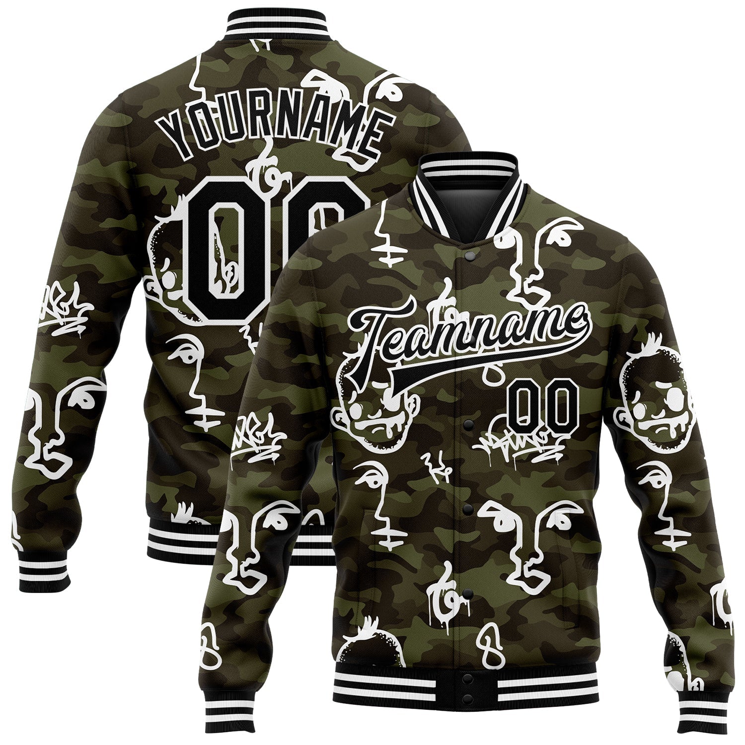 Custom Camo Black-White Hand Painted Face 3D Pattern Design Bomber Full-Snap Varsity Letterman Salute To Service Jacket - Main View