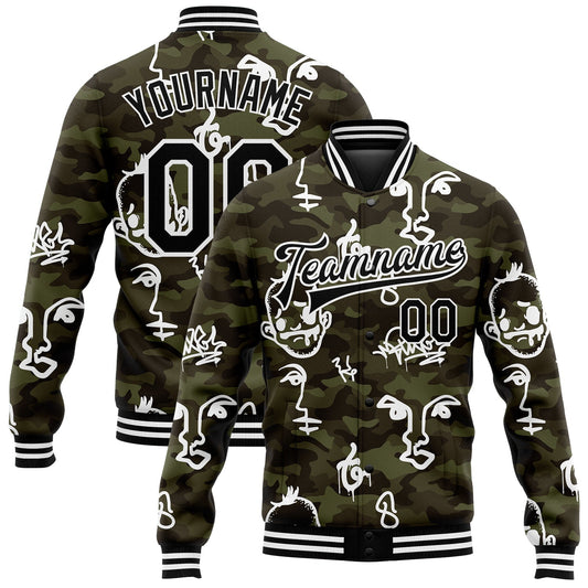 Custom Camo Black-White Hand Painted Face 3D Pattern Design Bomber Full-Snap Varsity Letterman Salute To Service Jacket - Main View