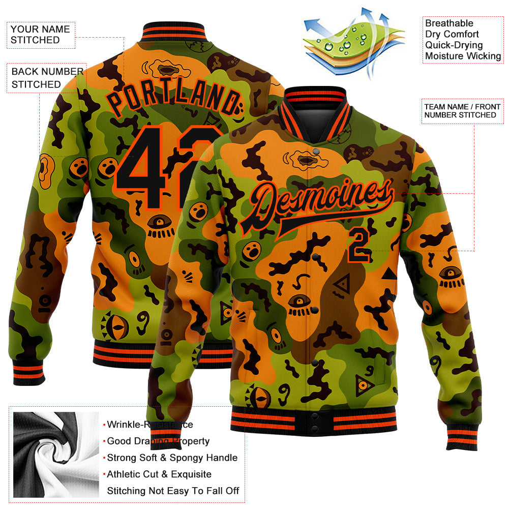 Custom Camo Black-Orange Funny Faces 3D Pattern Design Bomber Full-Snap Varsity Letterman Salute To Service Jacket view 5
