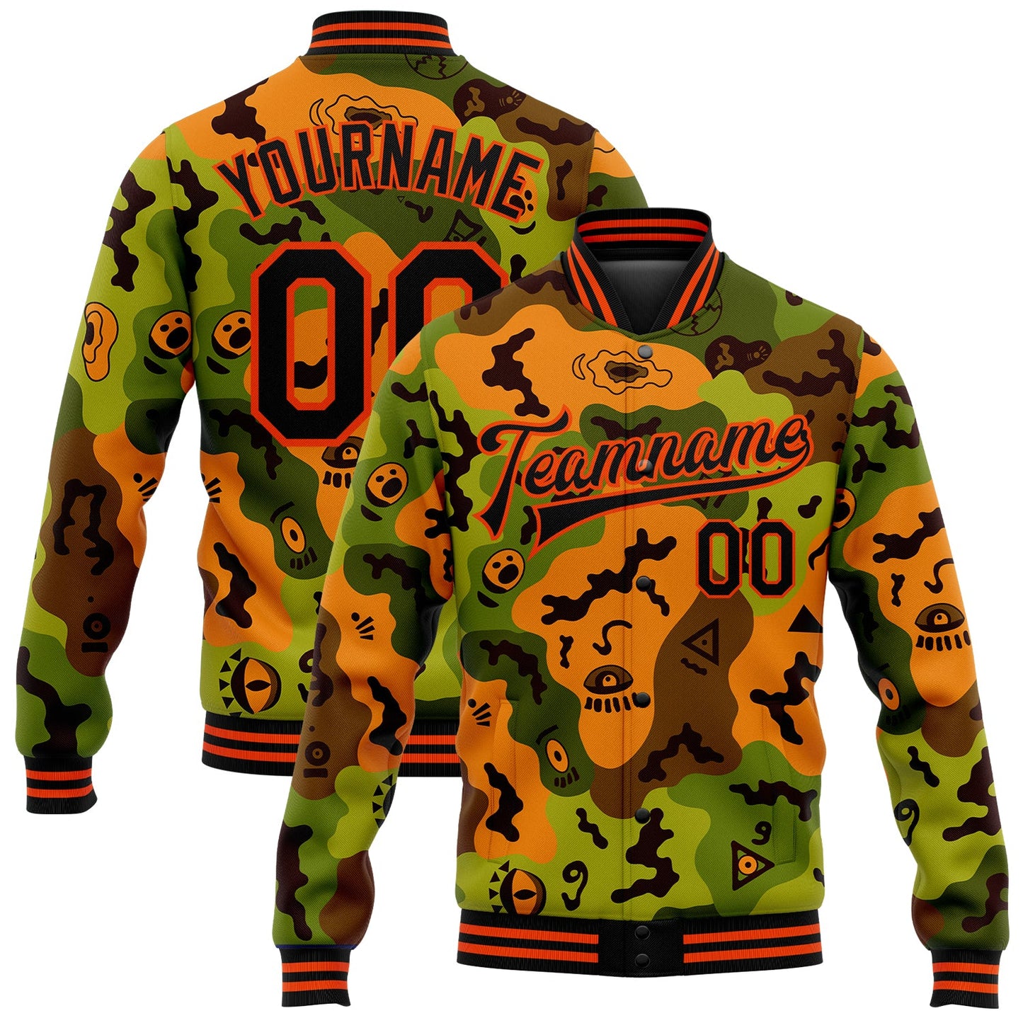 Custom Camo Black-Orange Funny Faces 3D Pattern Design Bomber Full-Snap Varsity Letterman Salute To Service Jacket - Main View