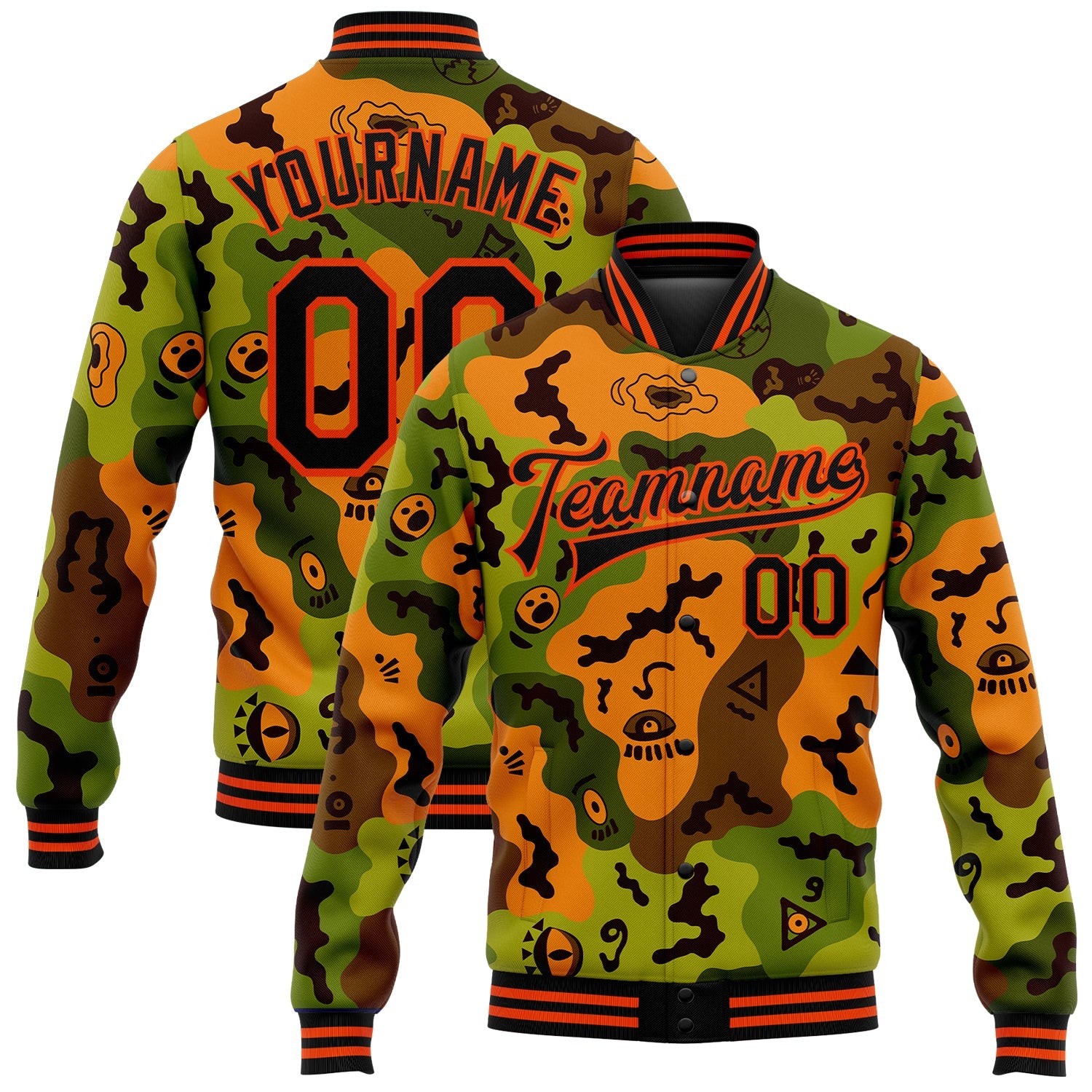 Custom Camo Black-Orange Funny Faces 3D Pattern Design Bomber Full-Snap Varsity Letterman Salute To Service Jacket - Main View