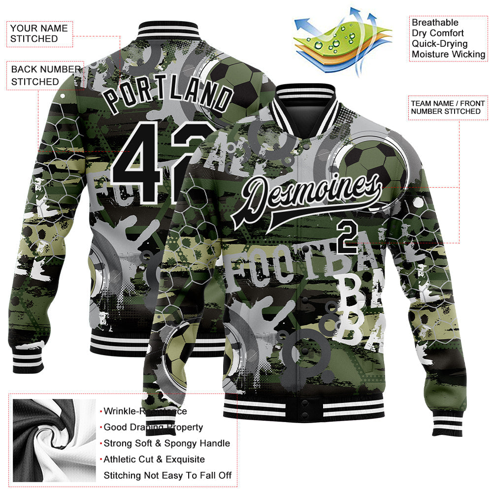 Custom Camo Black-White Football 3D Pattern Design Bomber Full-Snap Varsity Letterman Salute To Service Jacket view 5