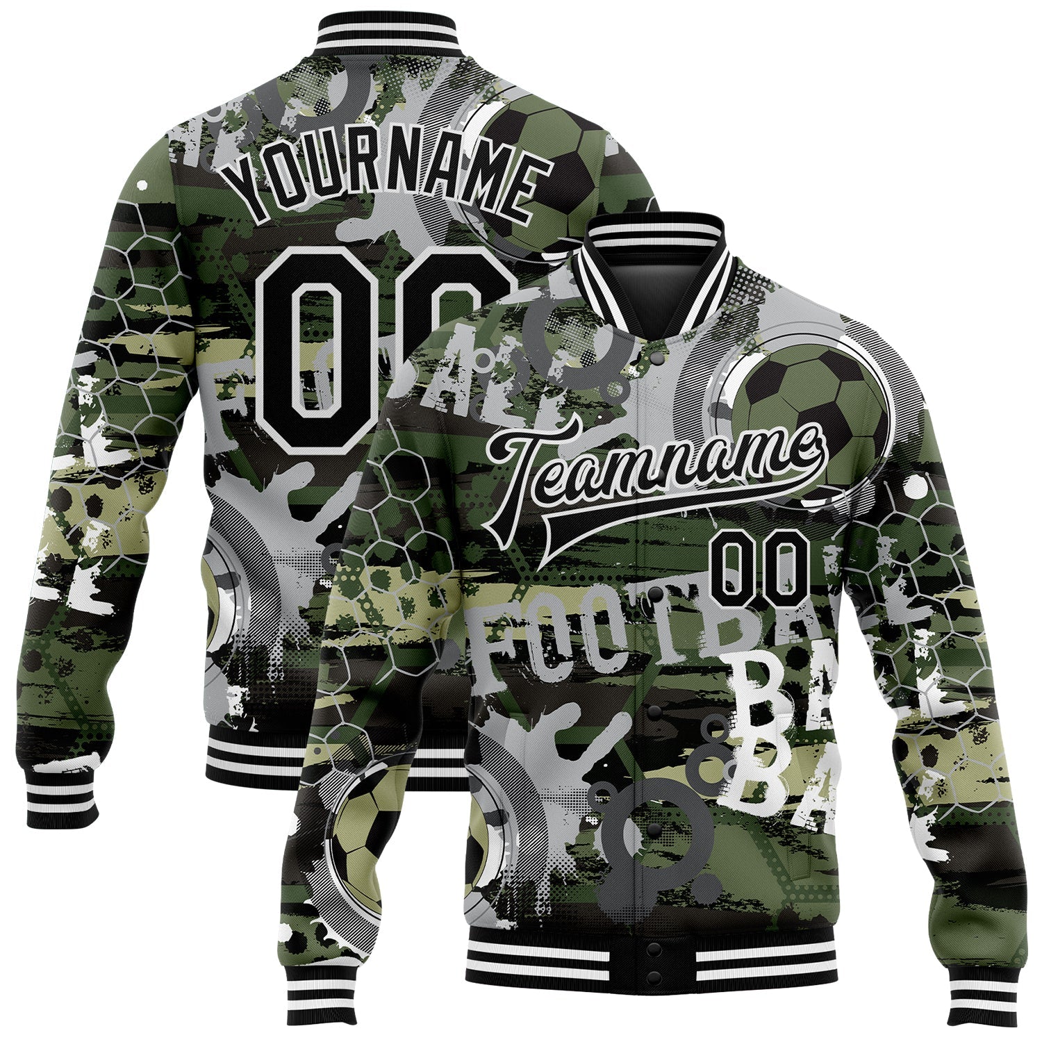 Custom Camo Black-White Football 3D Pattern Design Bomber Full-Snap Varsity Letterman Salute To Service Jacket - Main View