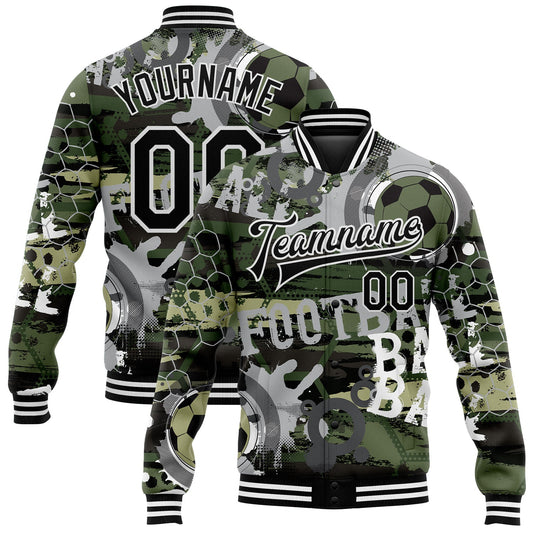 Custom Camo Black-White Football 3D Pattern Design Bomber Full-Snap Varsity Letterman Salute To Service Jacket - Main View