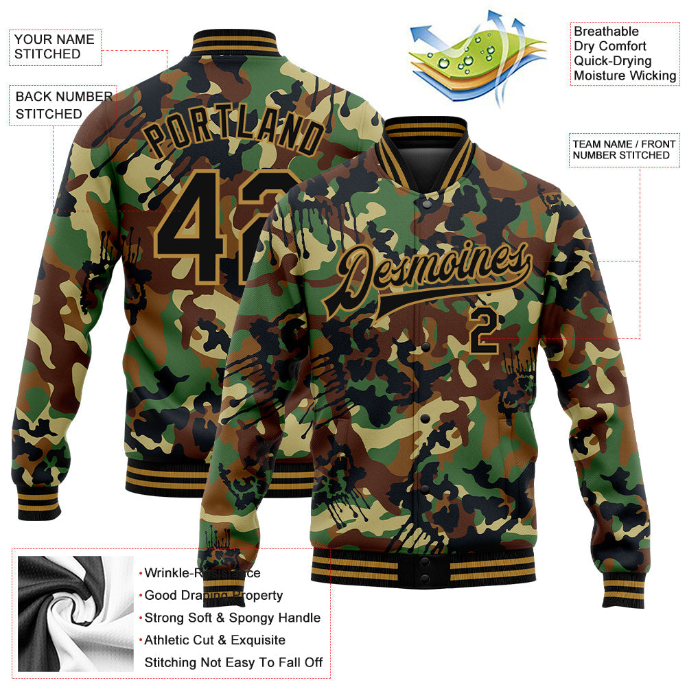 Custom Camo Black-Old Gold Graffiti Drips 3D Pattern Design Bomber Full-Snap Varsity Letterman Salute To Service Jacket view 5