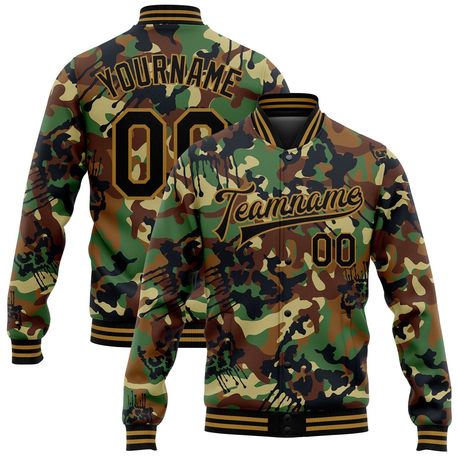 Custom Camo Black-Old Gold Graffiti Drips 3D Pattern Design Bomber Full-Snap Varsity Letterman Salute To Service Jacket - Main View