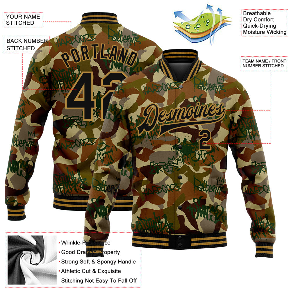 Custom Camo Black-Old Gold Graffiti Drips 3D Pattern Design Bomber Full-Snap Varsity Letterman Salute To Service Jacket view 5